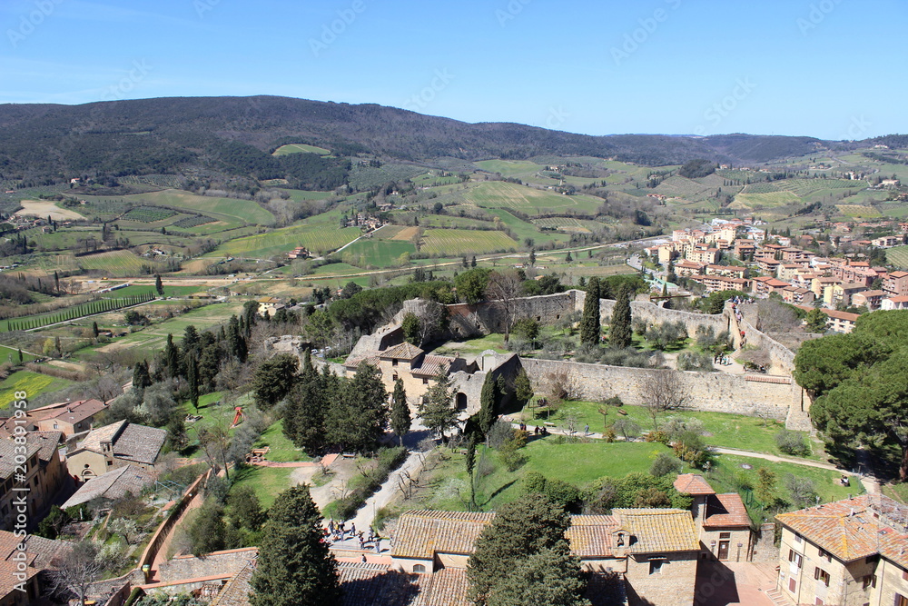 April 7th 2018,San Gimignano,Italy; Old city and Tuscan hills