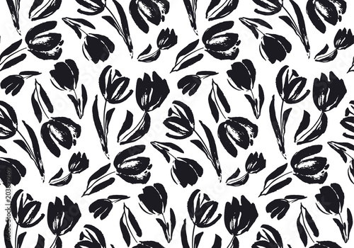 black and white sketch tulip seamless pattern #203891969