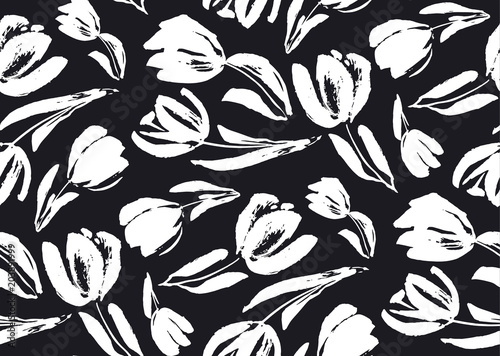 black and white sketch tulip seamless pattern