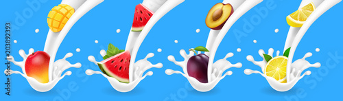 Fruits in yogurt or milk flow. Realistic illustrationset with mango, plum, watermelon