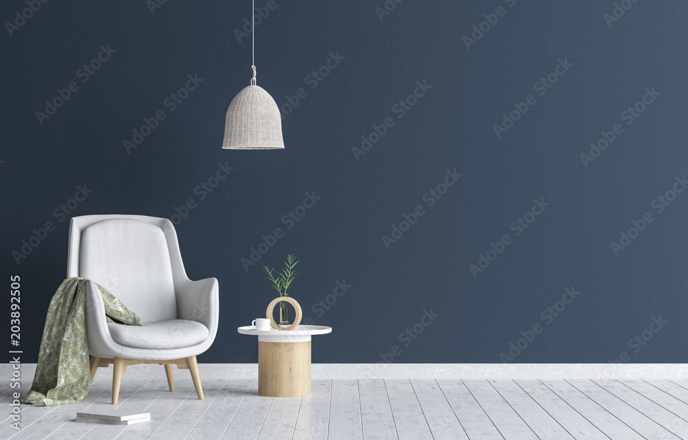 Chair with lamp and coffee table in living room interior, dark blue wall mock up background, 3D render - obrazy, fototapety, plakaty 