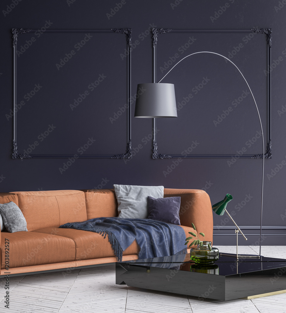 Luxury modern dark blue living room interior with white parquet floor, brown  sofa, floor lamp and coffee table , 3d render Stock Illustration | Adobe  Stock