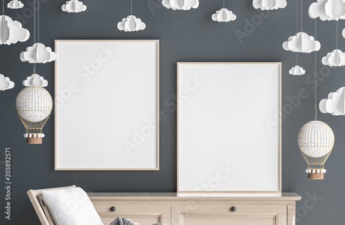 Mock up poster frame in children room, Scandinavian style interior background, 3D render