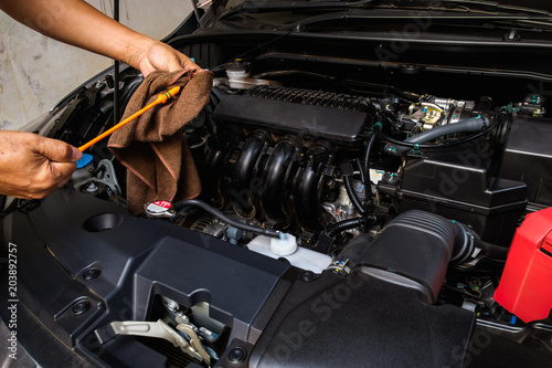Professional check engine oil details and cleaning before traveling