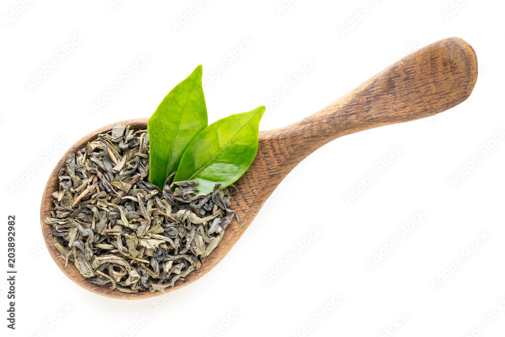 Green tea leaf the spoon isolated on white background. Green tea leaf the spoon isolated on white background.
