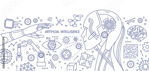 Horizontal monochrome banner with robot, robotic arm, integrated circuits, hi-tech devices drawn with contour lines on white background. Artificial intelligence. Vector illustration in lineart style.