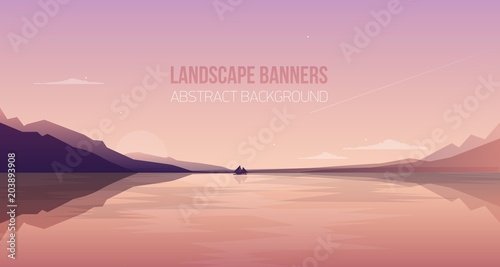 Horizontal banner with gorgeous seaside landscape or scenery. Picturesque view with yacht sailing in sea bay against silhouette of mountains and sunset sky on background. Colorful vector illustration.