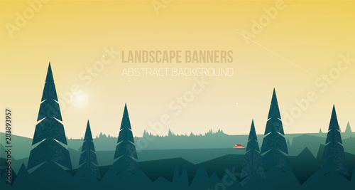 Horizontal banner with beautiful forest landscape or woodland scenery
