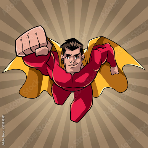 Front view full length illustration of determined and powerful superhero wearing cape and red costume while flying over abstract ray light background.