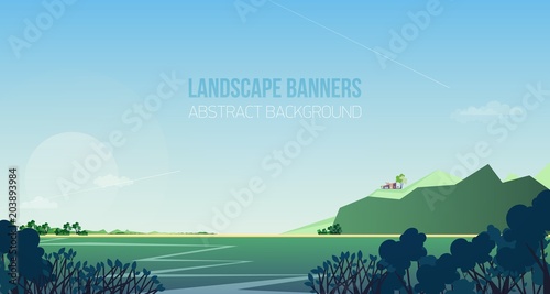 Horizontal banner with gorgeous riverside landscape or scenery. Picturesque view with river, bushes or shrubs, house or cottage on hill against clear sky on background. Polygonal vector illustration.