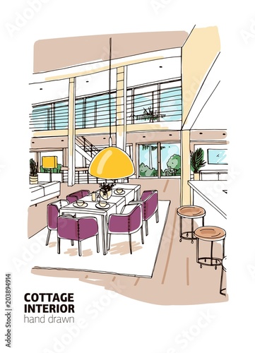 Colored sketch of residential house or summer cottage interior furnished in m...