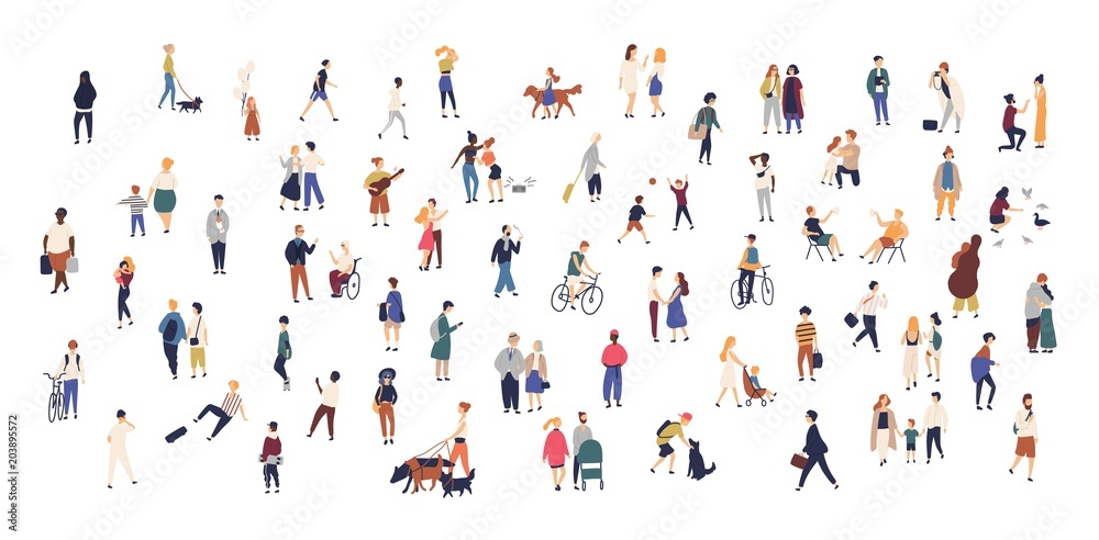 Crowd of tiny people walking with children or dogs, riding bicycles, standing, talking, running. Cartoon men and women performing outdoor activities on city street. Flat colorful vector illustration. - obrazy, fototapety, plakaty 