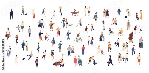 Crowd of tiny people walking with children or dogs, riding bicycles, standing, talking, running. Cartoon men and women performing outdoor activities on city street. Flat colorful vector illustration.