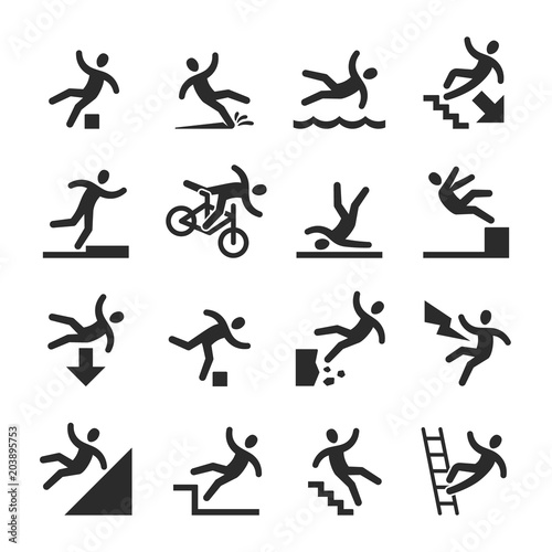 Stick figure man falling beware  hazard warning symbols. Person injury at work vector signs isolated
