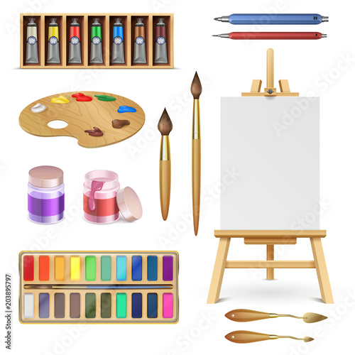 Artistic tools and art supplies with easel, palette paints brush and color pencil isolated vector set