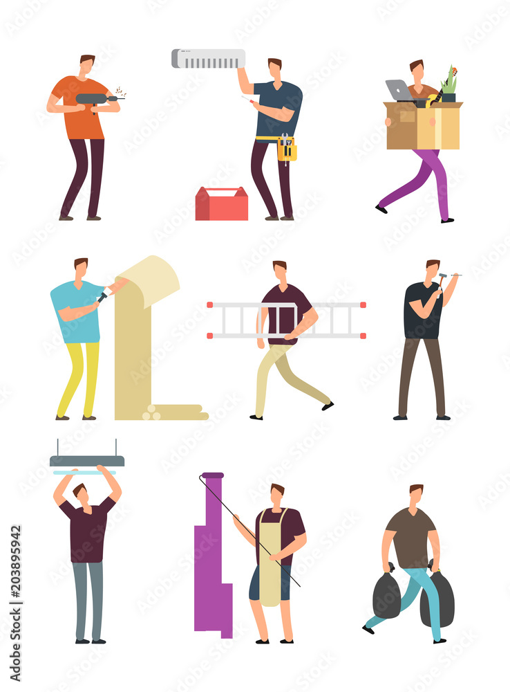 Man in household activities. Repair in apartment various situations vector cartoon characters set