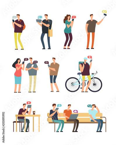 People using cellphone, mobile internet and smartphone addiction vector concept. Cartoon vector characters isolated