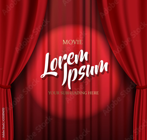 Teathre stage template with red heavy curtain and golden text.