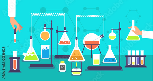 Chemical equipment in chemistry analysis laboratory. Science school research lab experiment vector background