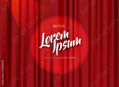 Theater stage template with red heavy curtain and golden text.