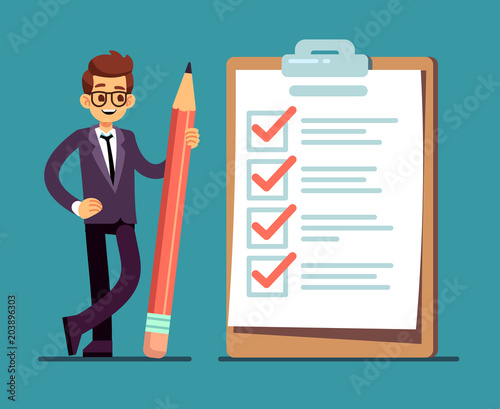 Businessman holding pencil at big complete checklist with tick marks. Business organization and achievements of goals vector concept