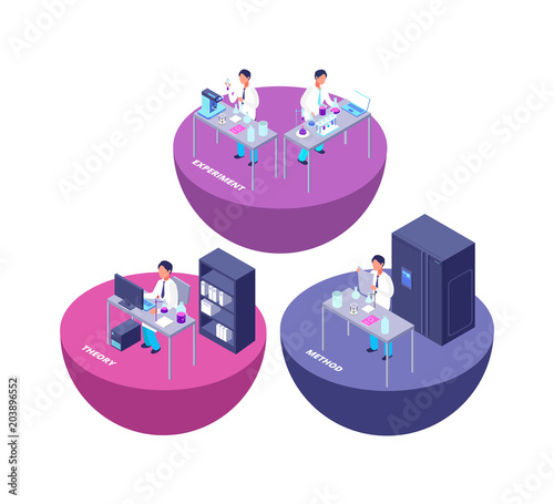 Chemistry 3d isometric research lab with chemical laboratory equipment and creative people vector illustration