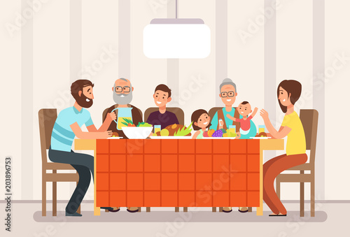 Big happy family eating lunch together in living room cartoon vector illustration
