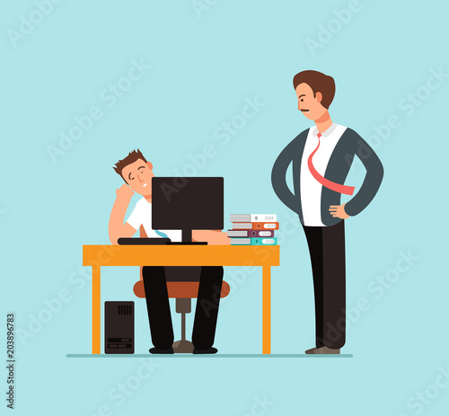 Bored lazy worker at desk behind computer and angry boss in office vector illustration