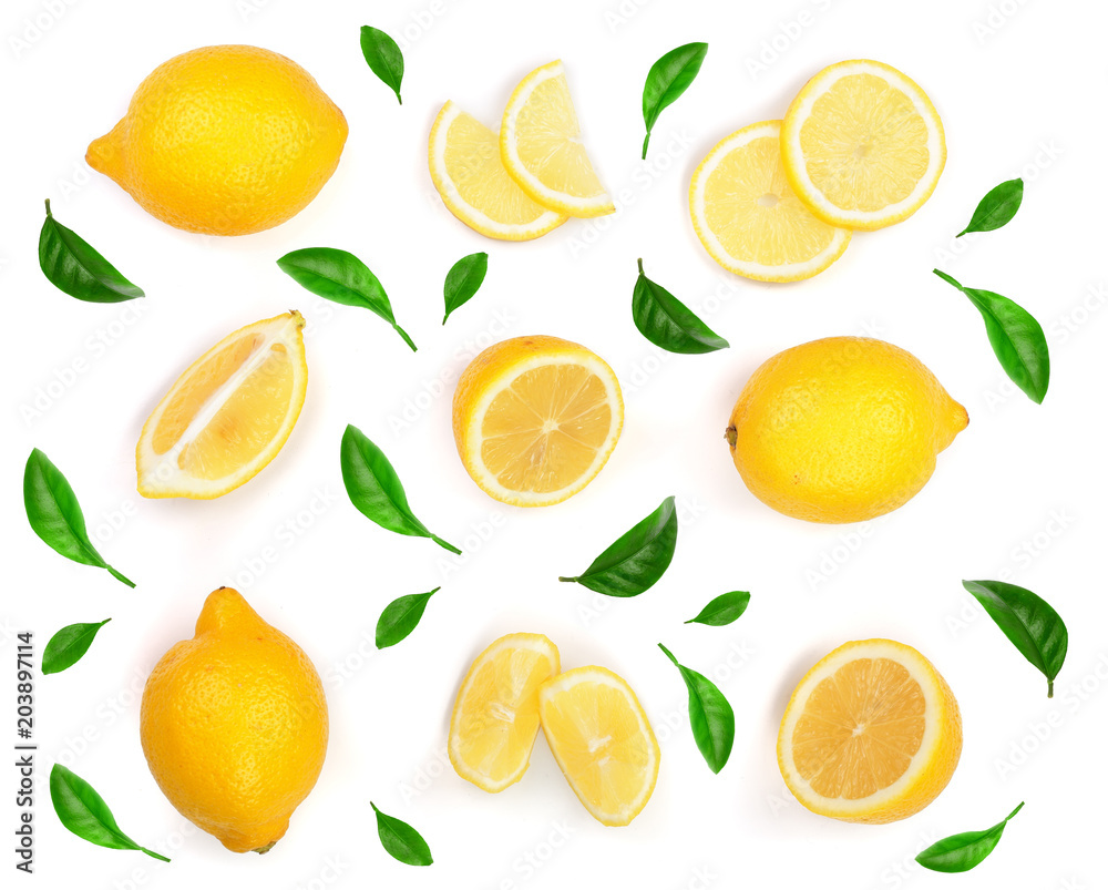 Naklejka Lemon decorated with green leaves isolated on white background. Seamless pattern with fruits. Top view. Flat lay