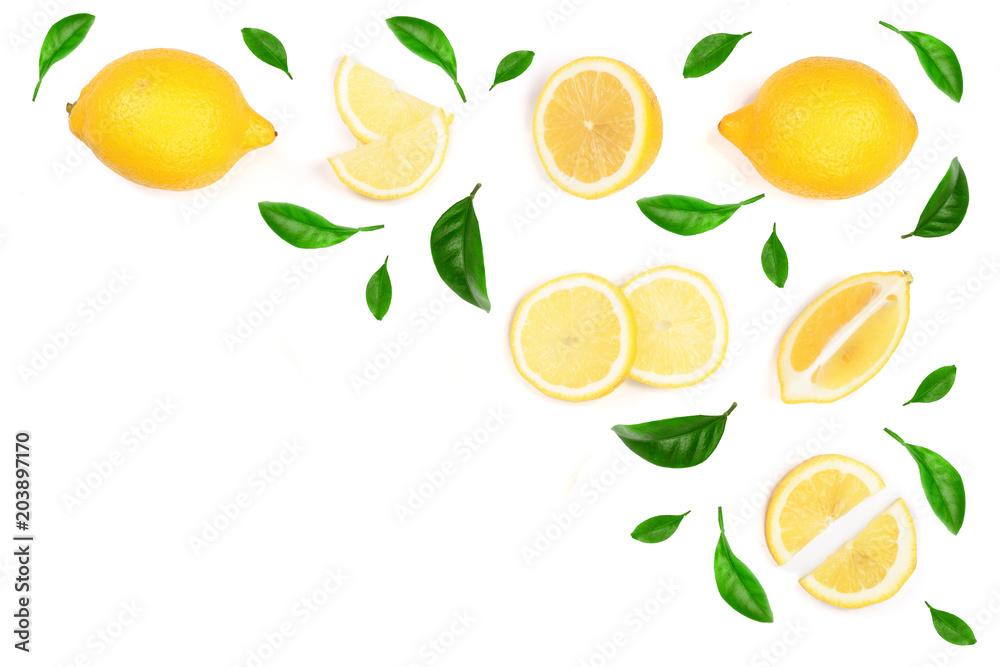 Lemon decorated with green leaves isolated on white background with copy space for your text. . Top view. Flat lay Lemon decorated with green leaves isolated on white background with copy space for your text. . Top view. Flat lay