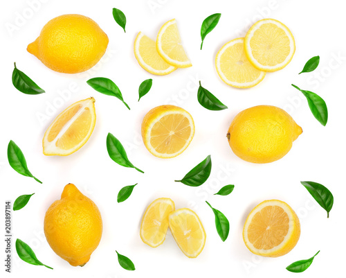 Lemon decorated with green leaves isolated on white background. Seamless pattern with fruits. Top view. Flat lay