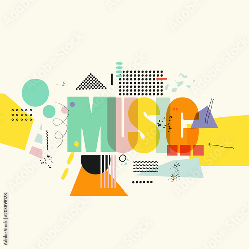 Music typographic colorful background vector illustration. Artistic music festival poster, creative banner design. Word music