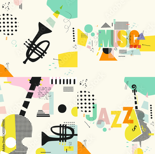 Set of music cards and banners. Music cards with instruments flat vector illustration. Jazz music festival banners. Colorful jazz concert typographic posters