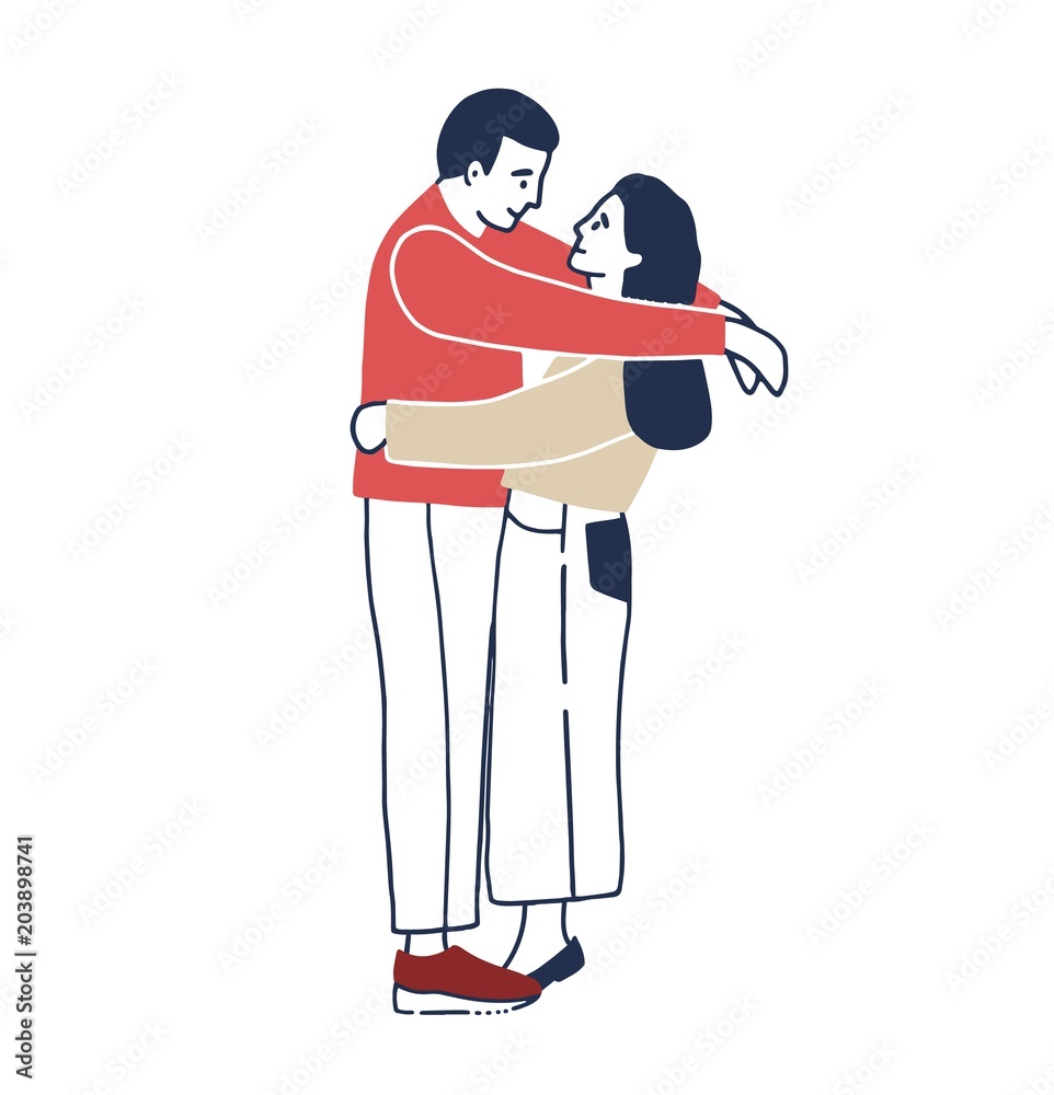 Young man and woman standing face to face and hugging. boyfriend and  girlfriend cuddling. Funny male and female cartoon characters in love.  Romantic partners on date. Colored vector illustration. Stock Vector |
