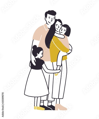Loving family. Father, mother and two daughters standing together and cuddling. Parents and children hugging. Flat cartoon characters isolated on white background. Colored vector illustration.