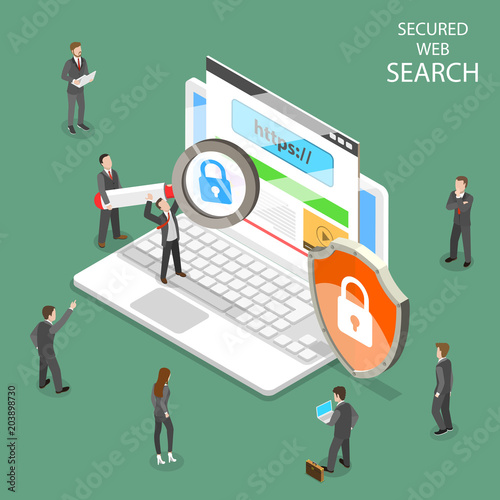Secure web search flat isometric vector. People are searching information through internet using secure protocol HTTPS. photo