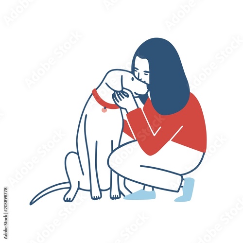 Young woman squatted down, hugs and kisses her dog. Funny girl embracing her domestic animal. Happy female cartoon character cuddling with her pet isolated on white background. Vector illustration.