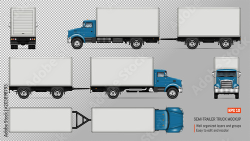 Truck vector mockup. Isolated template of lorry with trailer on transparent background for vehicle branding, corporate identity. View from left, right, front, back, top sides.