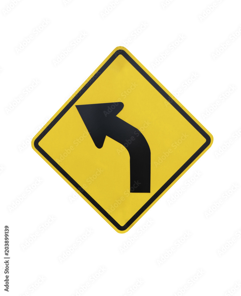 yellow Traffic Signs” Left curve “ isolated at on white background of file with Clipping Path . yellow Traffic Signs” Left curve “ isolated at on white background of file with Clipping Path .