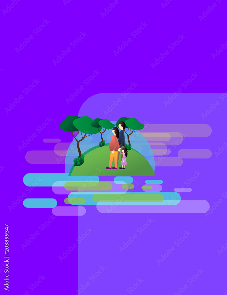 Young Family with Daughter on the Walk. Illustration in a flat style