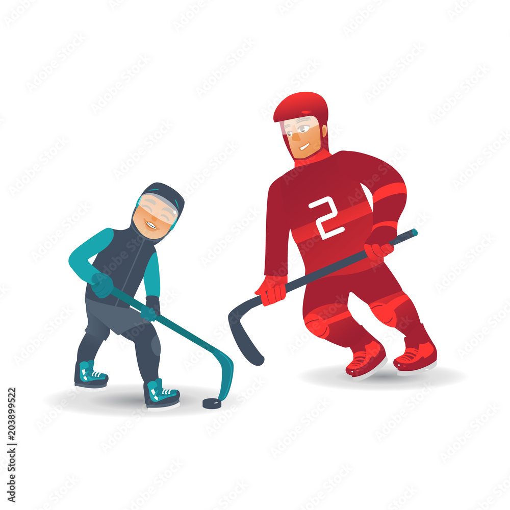 Obraz premium Cartoon young kid boy, adult father man family in protective uniform helmet standing holding ice hockey stick smiling. Active lifestyle character doing sport. Isolated vector background illustration