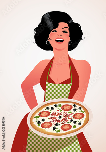 Beautiful Italian cook showing a plate of tomato, olives and cheese pizza. She wears red dress and green checkered apron.