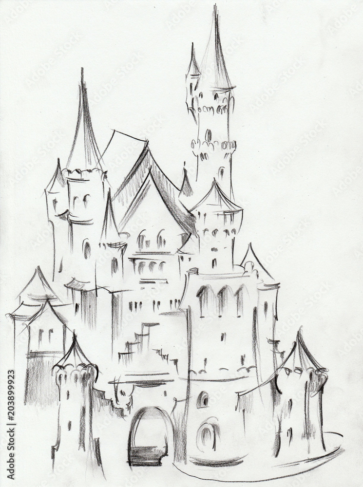 Drawing of architectural structures of the medieval fairy-tale castle in the mountains of Germany  . Cityscape sketch handmade .