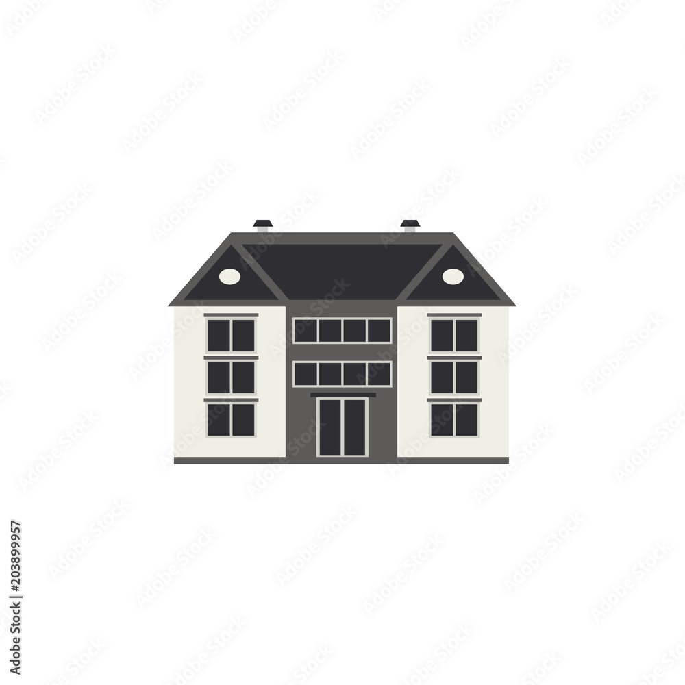 City landscape element of three-storey apartment, public building or shop front view isolated on white background - flat house exterior for real estate and property concept. Vector illustration.