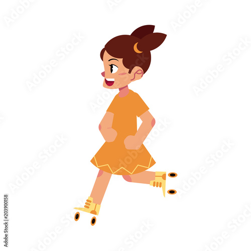 Kid girl roller skating isolated on white background - cartoon female child rollerblading for summertime activity and healthy lifestyle concept. Vector illustration of little active character.