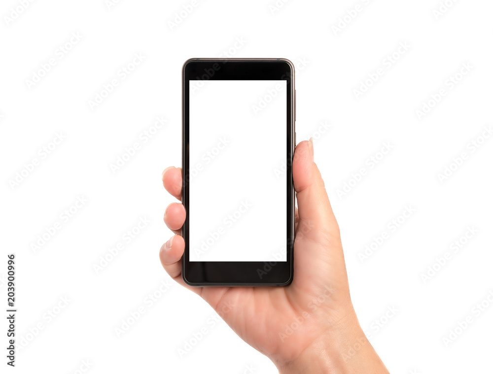 Woman hand holding smartphone isolated on white background. Woman hand holding smartphone isolated on white background.