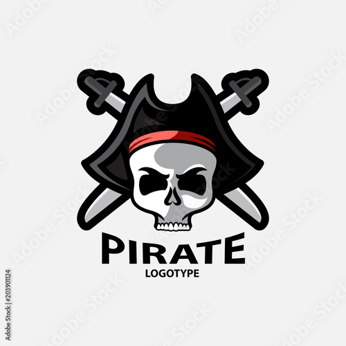 Pirate Skull with crossed sabers. Pirate logotype or emblem.