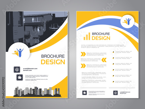 Vector modern brochure design, abstract flyer with background of houses. Layout template with city. Poster of blue, yellow and white color. Magazine cover.