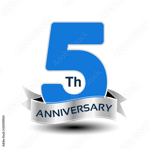 Vector 5 years anniversary, blue number with silver ribbon