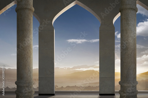 Mosque terrace with beautiful landscape view
